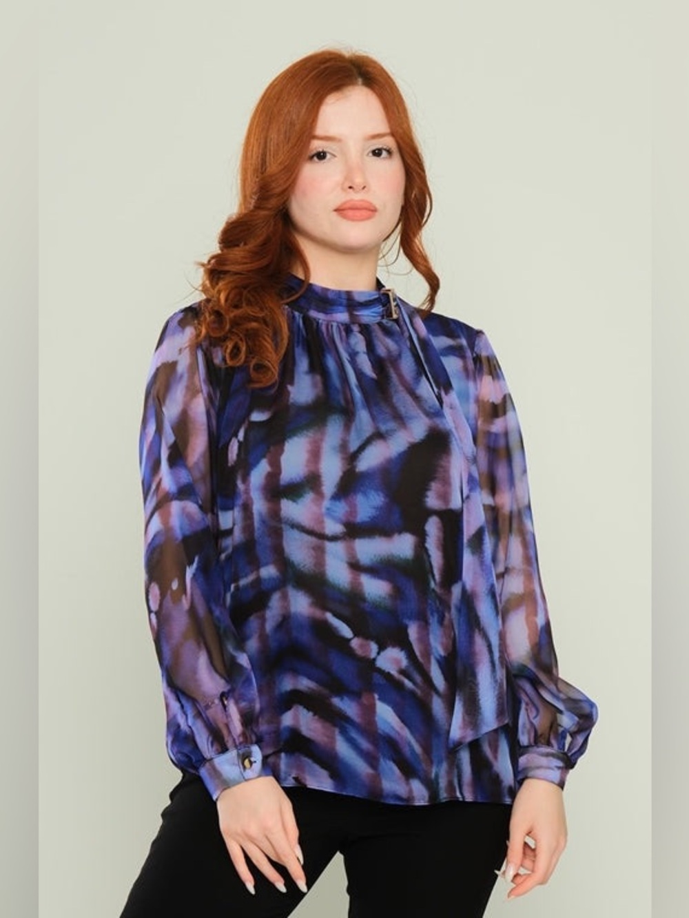 Sheer Tie-Neck Blouse in Blue Abstract Print